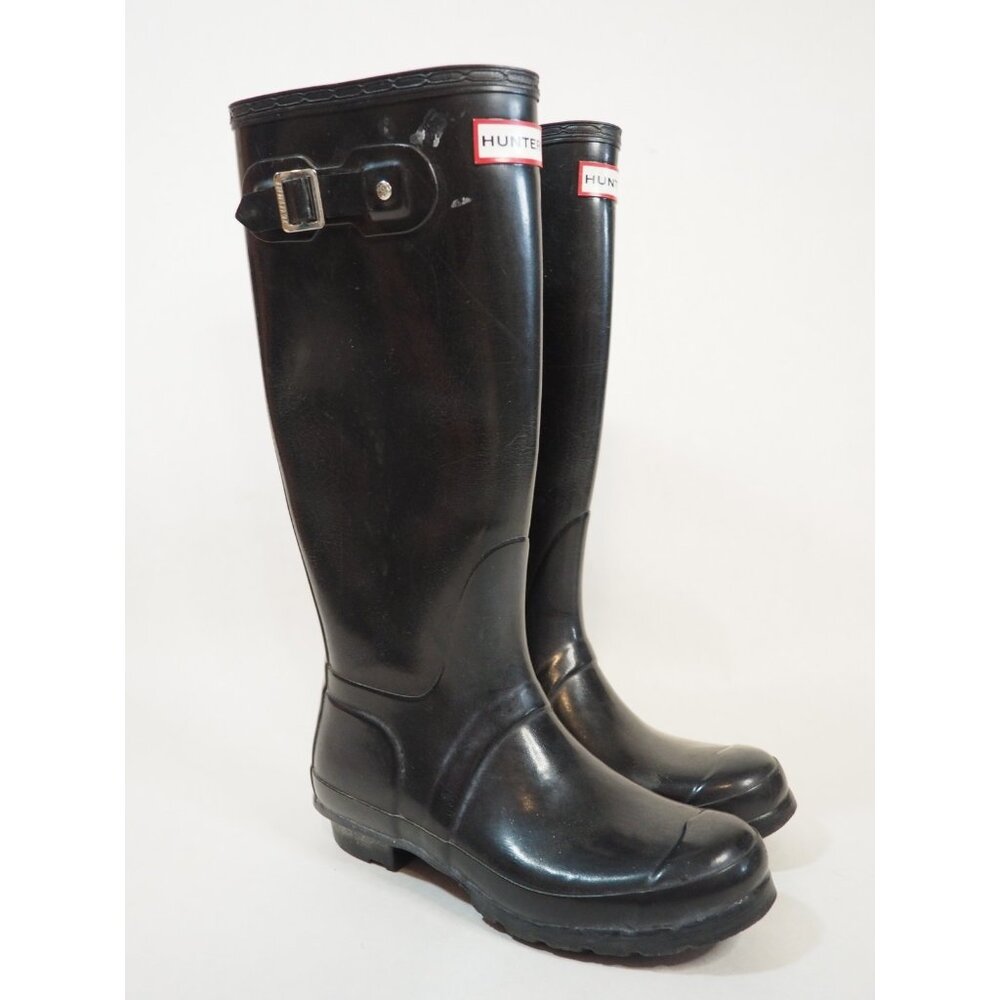 Hunter Black Original Gloss Knee High Rubber Pull On Rain Boots, Size 7 | 38